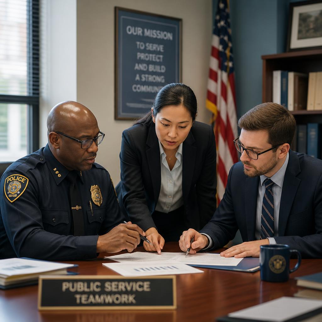A diverse group of public service professionals collaborating in a government office