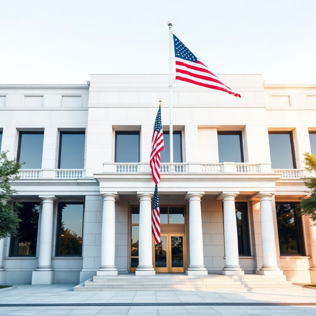 A government building with the American flag at the entrance